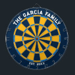 Blue and Yellow Family Dartboard with Darts<br><div class="desc">Blue and yellow dart board with two custom text areas. Great wedding gift!</div>