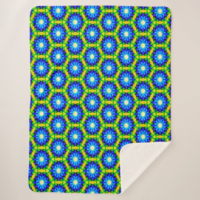 Blue and Yellow Faux Crochet Flower Pattern Sherpa Blanket (Front)