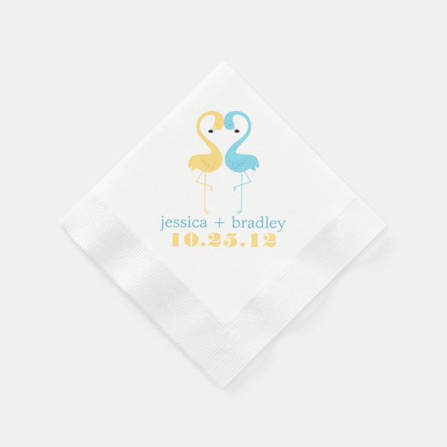 Blue and Yellow Flamingos Beach Wedding Napkin (Corner)