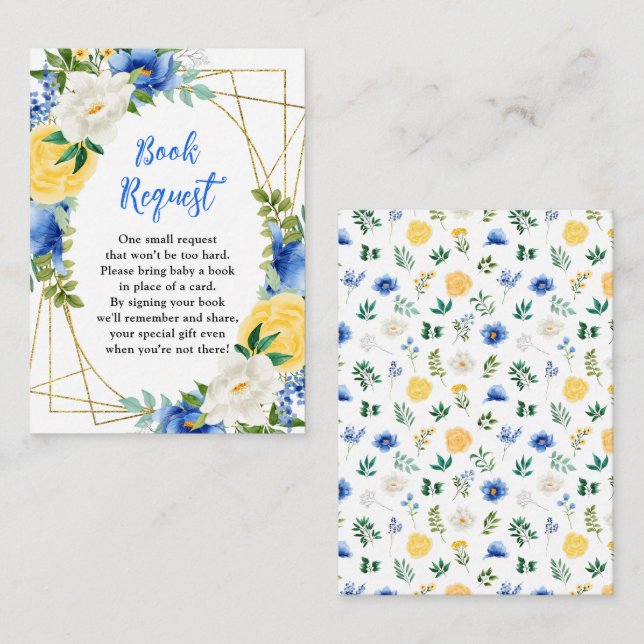 Blue and Yellow Floral Baby Shower Book Request Enclosure Card (Front/Back)