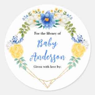 Blue and Yellow Floral Baby Shower Bookplate Classic Round Sticker