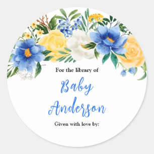 Blue and Yellow Floral Baby Shower Bookplate Classic Round Sticker