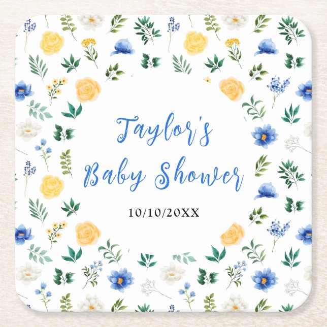 Blue and Yellow Floral Baby Shower Square Paper Coaster (Front)
