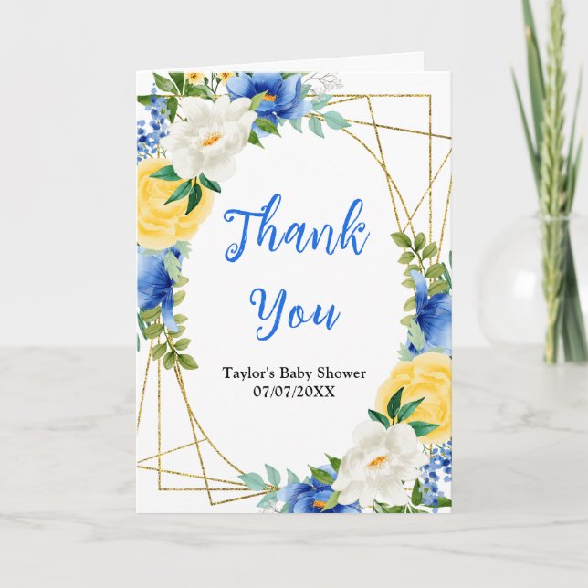 Blue and Yellow Floral Baby Shower Thank You Card (Front)