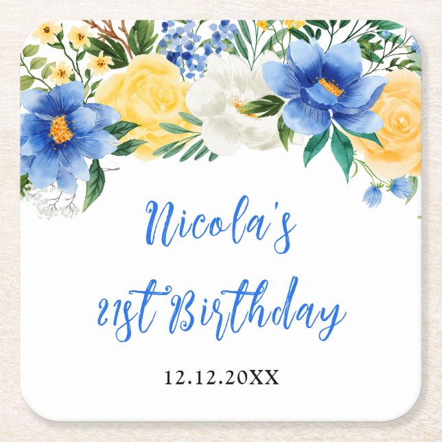 Blue and Yellow Floral Birthday Square Paper Coaster (Front)