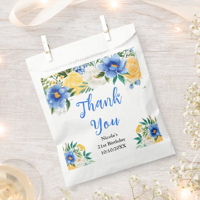 Blue and Yellow Floral Birthday Thank You Favour Bag (Clipped)