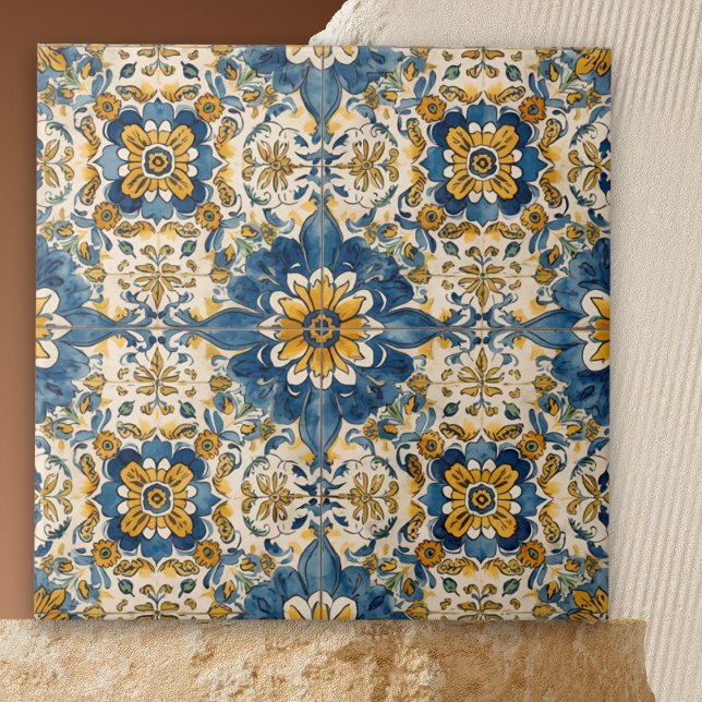 Blue and Yellow Floral Bloom Ceramic Tile (Radiating brightness, this tile highlights bold blue and golden-yellow floral blooms )