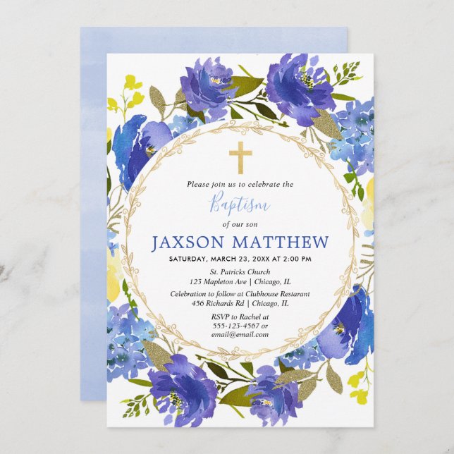 Blue and yellow floral Boy baptism invitations (Front/Back)