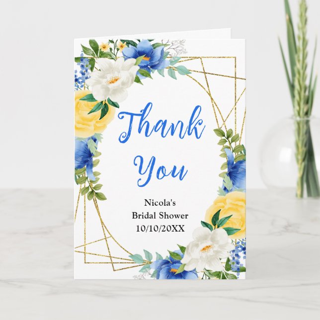 Blue and Yellow Floral Bridal Shower Thank You Card (Front)