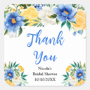 Blue and Yellow Floral Bridal Shower Thank You Square Sticker
