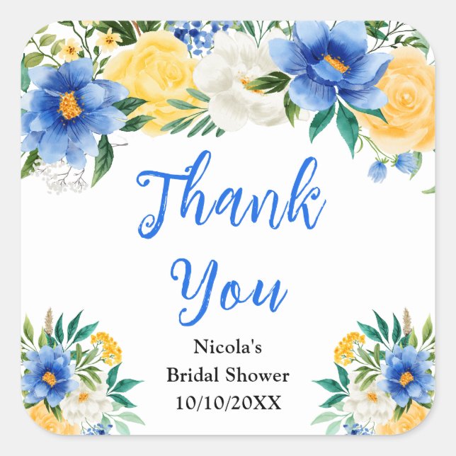 Blue and Yellow Floral Bridal Shower Thank You Square Sticker (Front)
