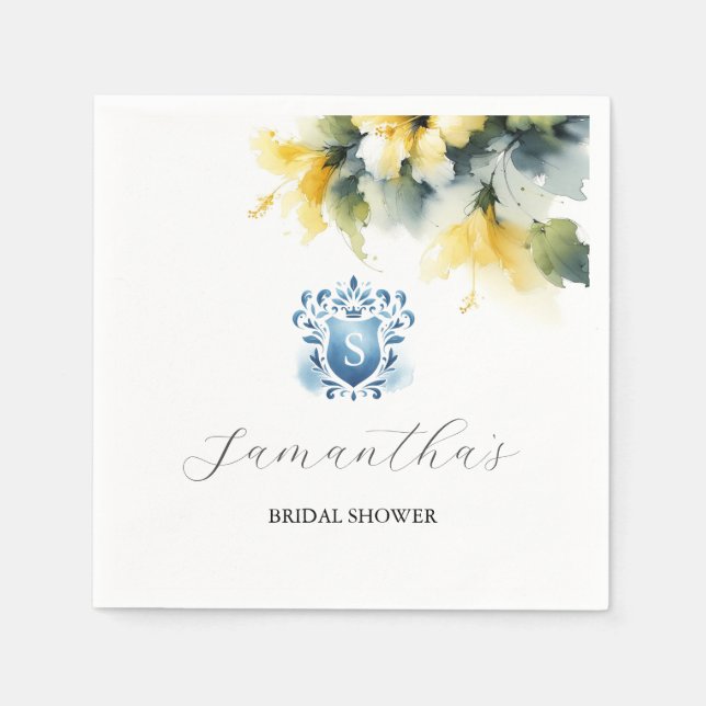 Blue and Yellow Floral Crest Napkin (Front)