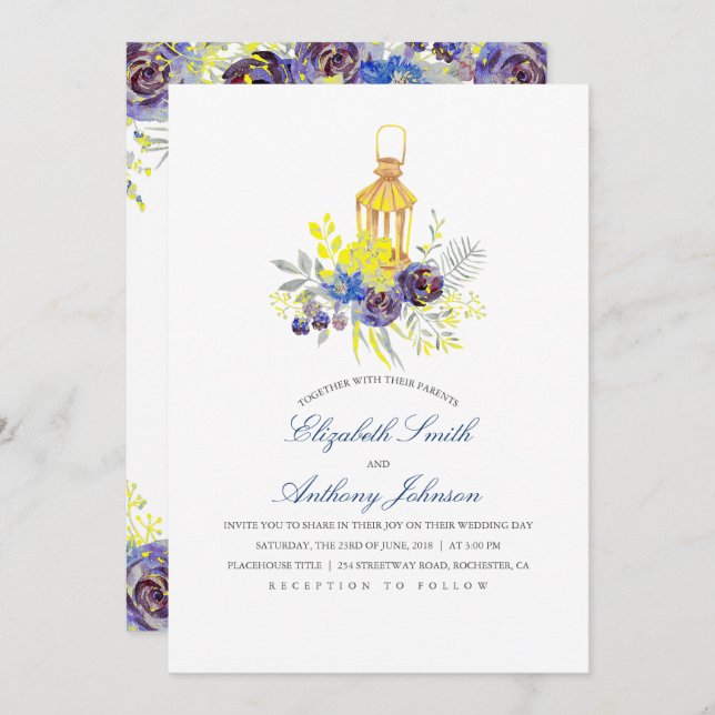 Blue and Yellow Floral Lantern Wedding Invitation (Front/Back)
