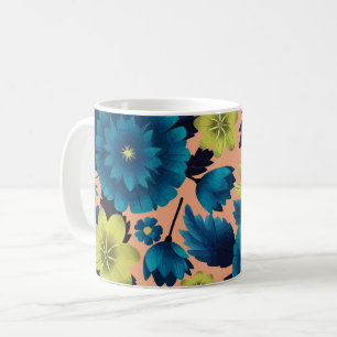 Blue and Yellow Floral on Peach Background Coffee Mug