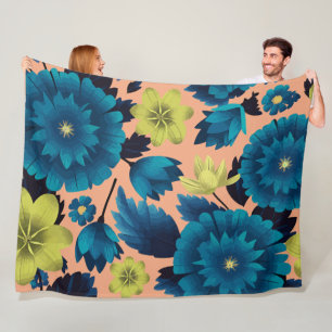Blue and Yellow Floral on Peach Background Fleece Blanket
