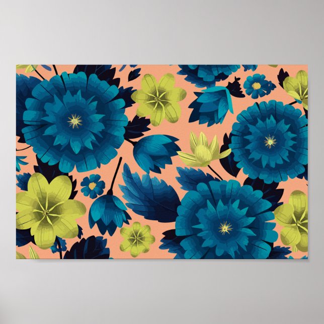 Blue and Yellow Floral on Peach Background Poster (Front)