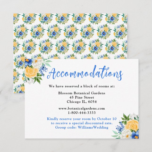 Blue and Yellow Floral Wedding Accommodations Enclosure Card (Front/Back)