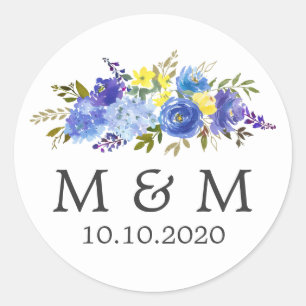Blue and Yellow   Floral  Wedding Classic Monogram Round Sticker