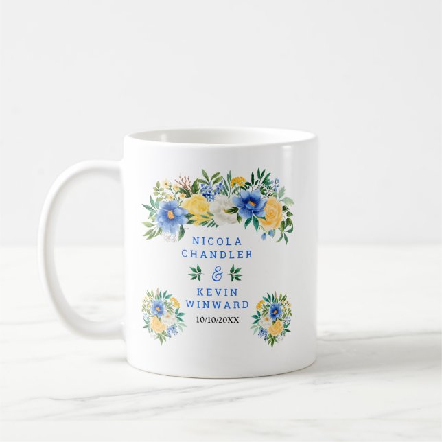 Blue and Yellow Floral Wedding Coffee Mug (Left)