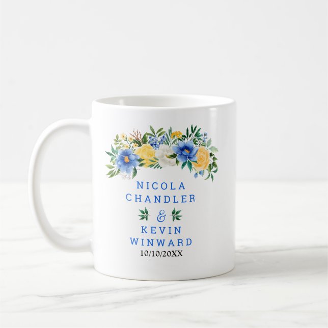 Blue and Yellow Floral Wedding Coffee Mug (Left)