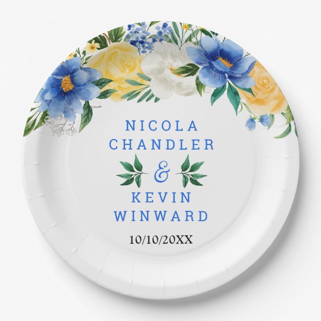 Blue and Yellow Floral Wedding Paper Plate (Front)