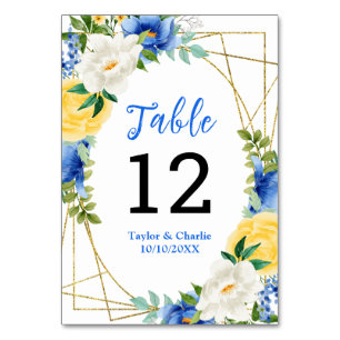 Blue and Yellow Floral Wedding Table Number