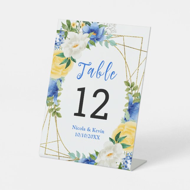 Blue and Yellow Floral Wedding Table Number Pedestal Sign (Front)