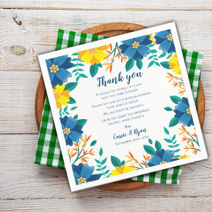Blue and Yellow Floral Wedding Thank you Message Napkin