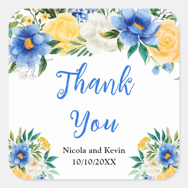Blue and Yellow Floral Wedding Thank You Square Sticker (Front)