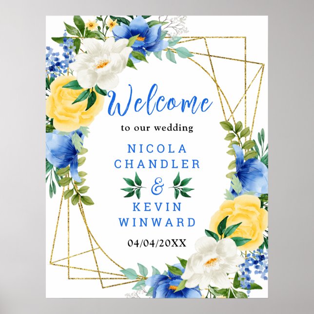 Blue and Yellow Floral Wedding Welcome Sign (Front)