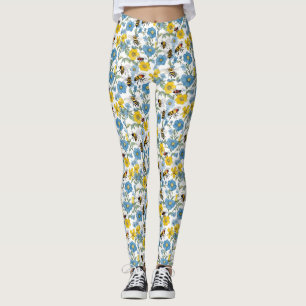 Blue and Yellow Floral with Bees White Leggings
