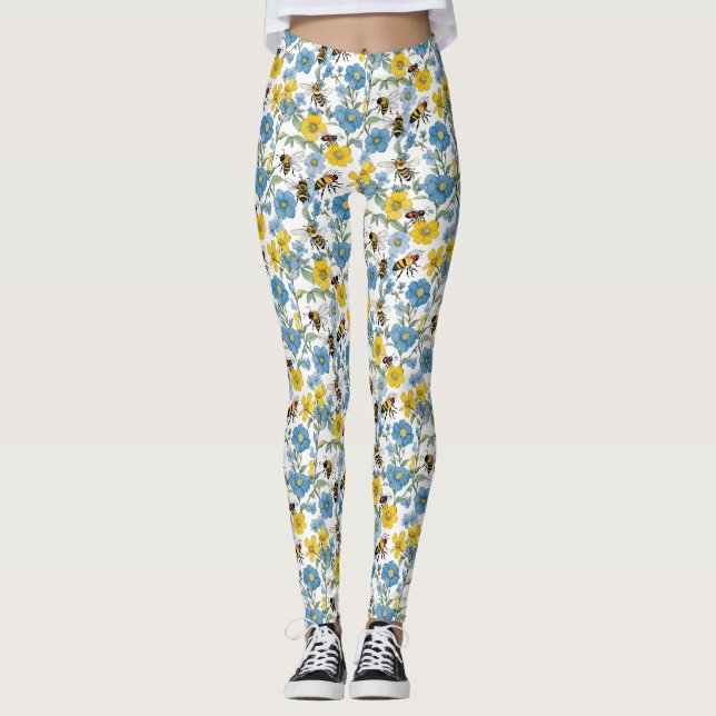 Blue and Yellow Floral with Bees White Leggings (Front)