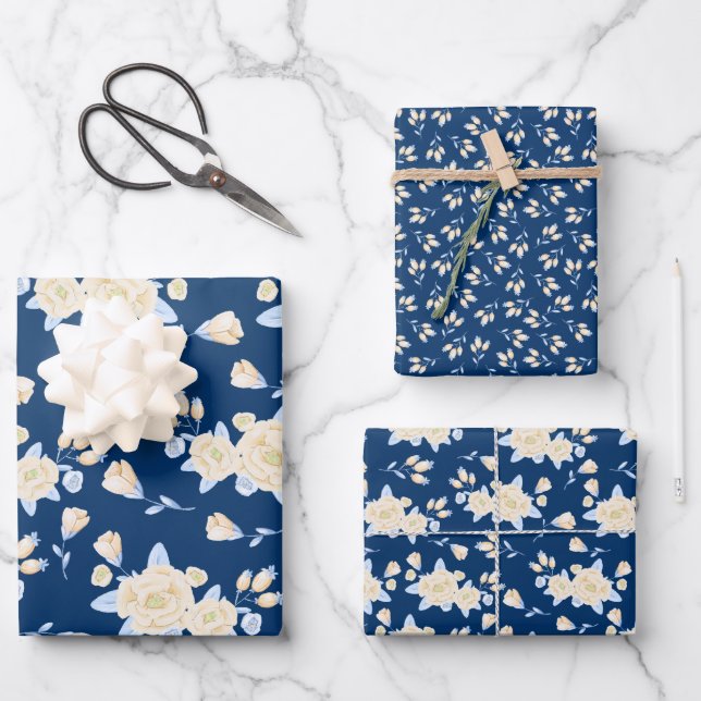 Blue and Yellow Floral Wrapping Paper Sheet (Front)