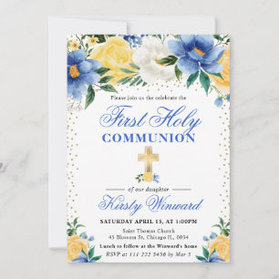 Blue and Yellow Flowers First Holy Communion Invitation