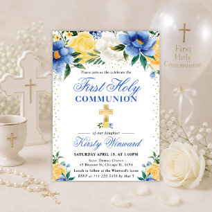 Blue and Yellow Flowers First Holy Communion Invitation