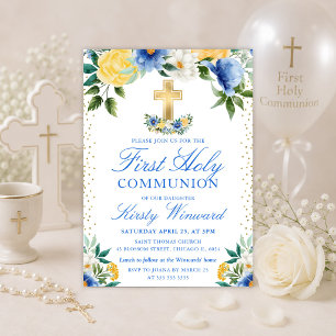 Blue and Yellow Flowers First Holy Communion Invitation