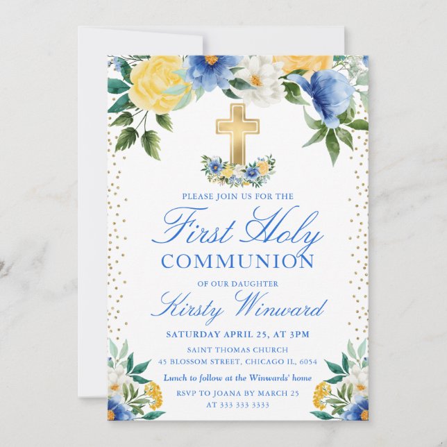 Blue and Yellow Flowers First Holy Communion Invitation (Front)