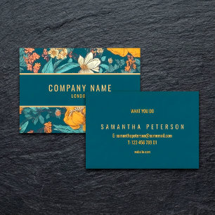 Blue and yellow flowers, gold border business card
