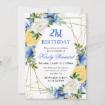 Blue and Yellow Flowers Gold Frame 21st Birthday Invitation<br><div class="desc">Elegant Watercolor blue and yellow summer flowers design with gold glitter geometric frame</div>