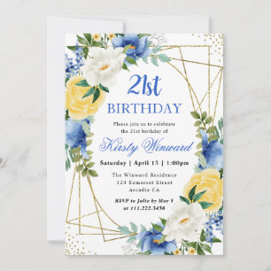 Blue and Yellow Flowers Gold Frame 21st Birthday Invitation