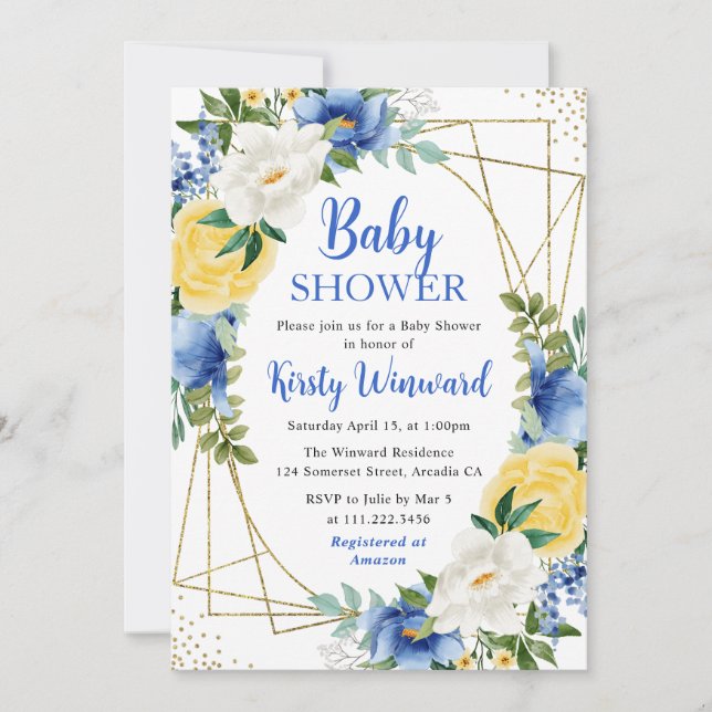 Blue and Yellow Flowers Gold Frame Baby Shower Invitation (Front)