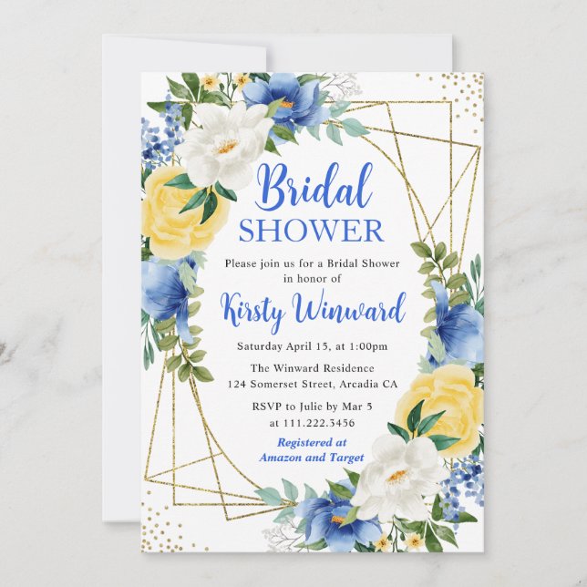 Blue and Yellow Flowers & Gold Frame Bridal Shower Invitation (Front)