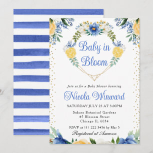 Blue and Yellow Flowers Heart Wreath Baby Shower Invitation