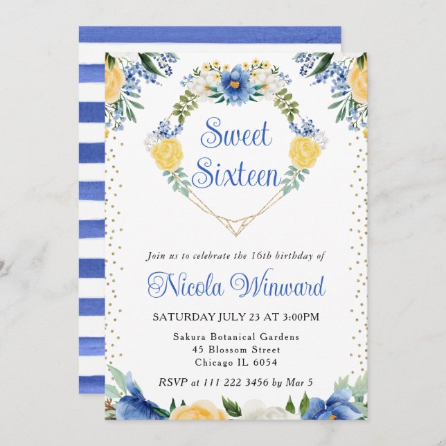 Blue and Yellow Flowers Heart Wreath Sweet 16 Invitation (Front/Back)