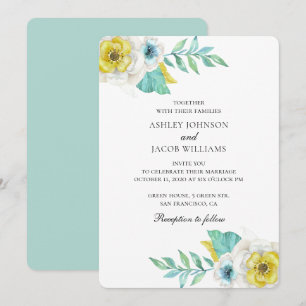 Blue and yellow flowers. Mint botanical wedding Invitation