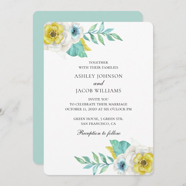 Blue and yellow flowers. Mint botanical wedding Invitation (Front/Back)