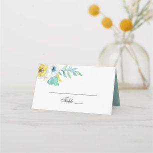 Blue and yellow flowers. Mint botanical wedding Place Card