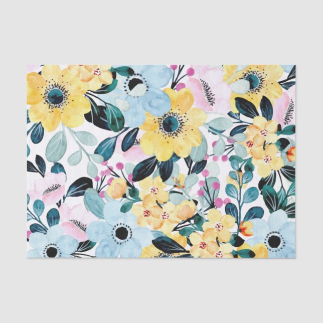 Blue and Yellow Flowers Tissue Paper – Bright (Front)