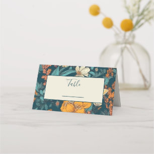 Blue and yellow flowers wedding table number place card
