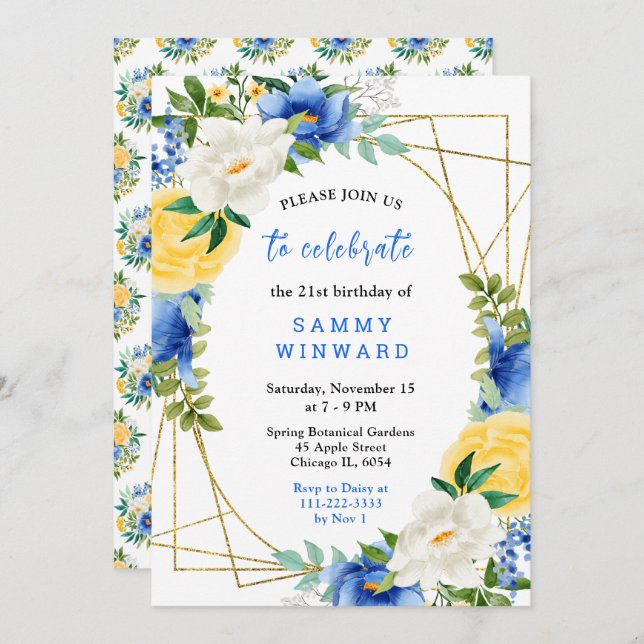 Blue and Yellow Flowers with Foliage Birthday Invitation (Front/Back)